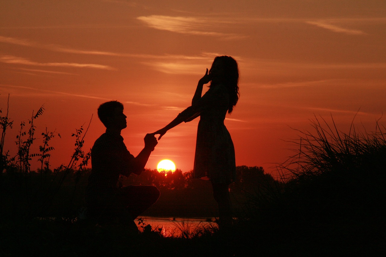 couple getting engaged at sunset