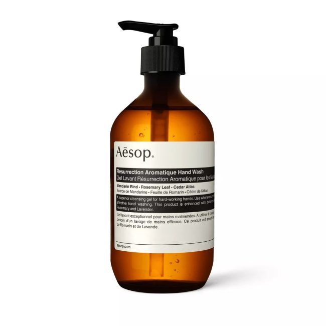 Aesop Resurrection Aromatique Hand Wash in an amber glass pump bottle