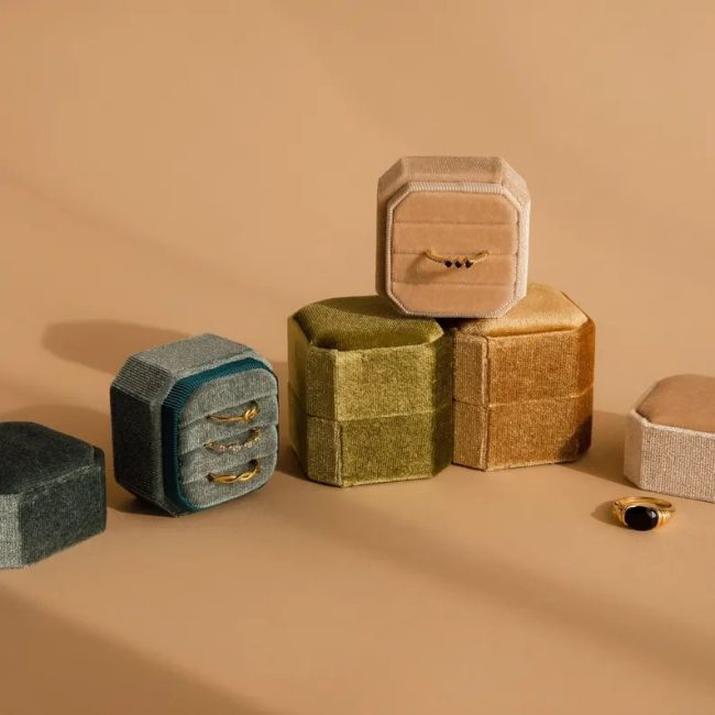 CaitlynMinimalist square velvet ring boxes stacked in green, blue and cream