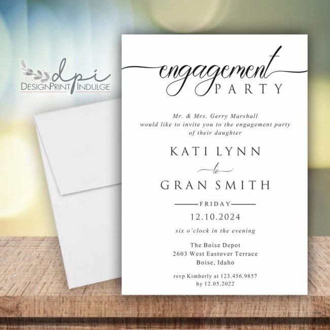DesignPrintIndulge printed engagement party invitation with names in script, beside a white envelope