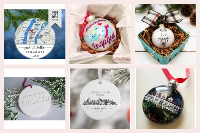 Six engaged ornaments on a blush background: a New York map ornament, hand-painted lovebirds, a Will You Marry Me glass ball, an ivory Engaged clay ornament, a New York skyline ornament and a hand-painted house