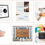 Collage of engagement gifts for couples: a three-location map print, coupe glasses, a fondue set, a peach Dutch oven, a welcome doormat and A Year of Dates
