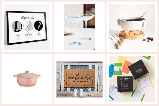 Collage of engagement gifts for couples, including coupe glasses, a fondue set and a Dutch oven
