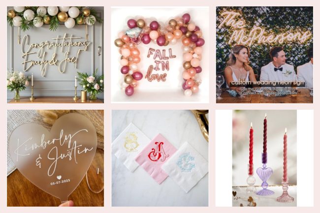 Engagement party decorations in a grid: a script sign with balloons, a Fall in Love balloon garland, a neon sign, a frosted heart cake topper, foil monogram cocktail napkins and pink twisted taper candles