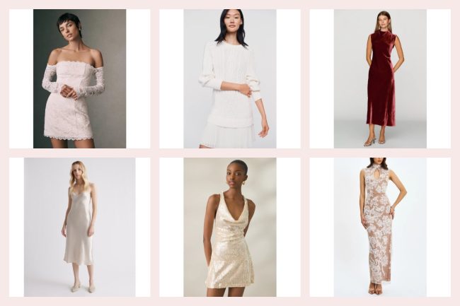 Six engagement party dresses in a grid: a blush lace off-the-shoulder mini, an ivory sweater twofer, a red velvet midi, a champagne silk slip, a champagne sequin mini and a beaded maxi
