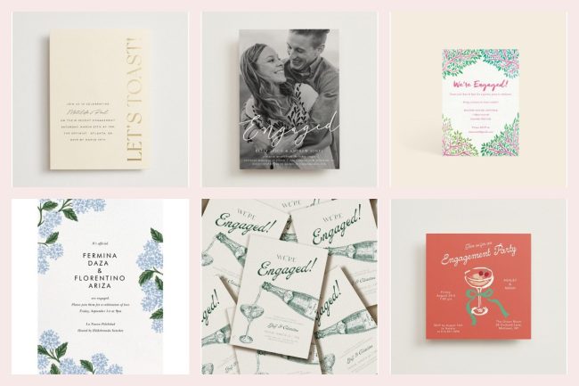 Six engagement party invitations in a grid: a gold foil Let's Toast card, a full-bleed couple photo card, a pink floral card, a hydrangea frame card, green champagne cards and a coral cocktail card