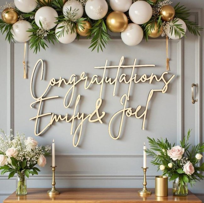 EstesDesignStudio wood cutout sign reading Congratulations Emily and Joel under a garland of white and gold balloons