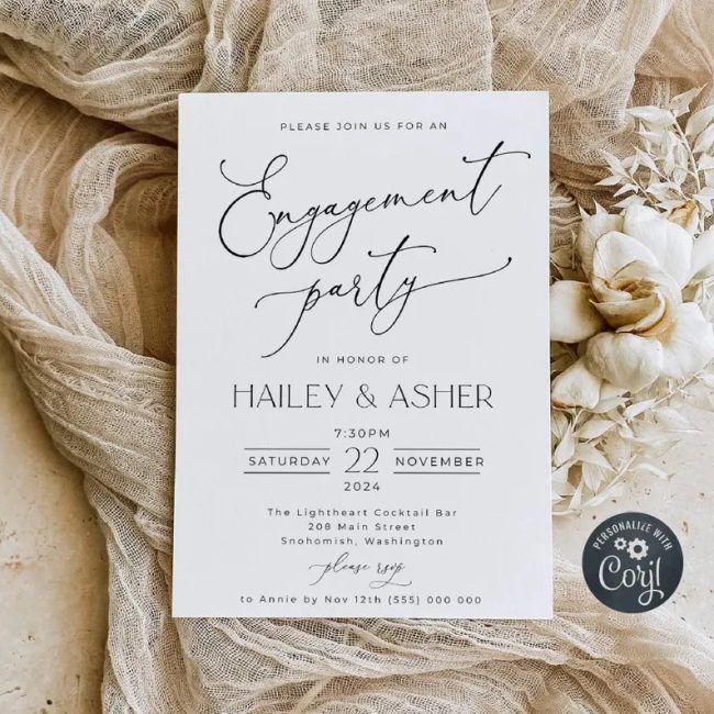 EvergreenAshDesigns minimalist Engagement Party invitation in black script and serif type