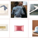 Collage of gifts for a bride-to-be: a Future Mrs. sweatshirt, a pearl-trimmed bride jean jacket, a custom wire-name hanger, a Minimergency kit, a pink silk pillowcase and a Marriage Material cap