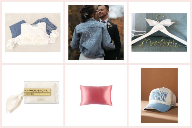 Collage of gifts for a bride-to-be, including a Future Mrs. sweatshirt, a pearl bride jean jacket and a silk pillowcase
