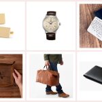 Collage of gifts for a fiancé: gold-tone cuff links, an Orient Bambino watch, an engraved wallet card, a leather valet tray, a leather weekender and a Bellroy travel wallet