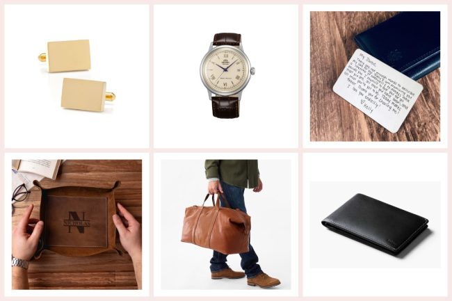 Collage of gifts for a fiancé, including cuff links, an automatic watch and a leather weekender