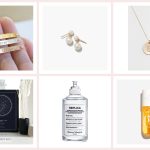 Collage of gifts for a fiancée: coordinate bar necklaces, Mejuri pearl drop earrings, a Nashelle initial necklace, a star map print, Replica Lazy Sunday Morning perfume and Sol de Janeiro Cheirosa '62 mist