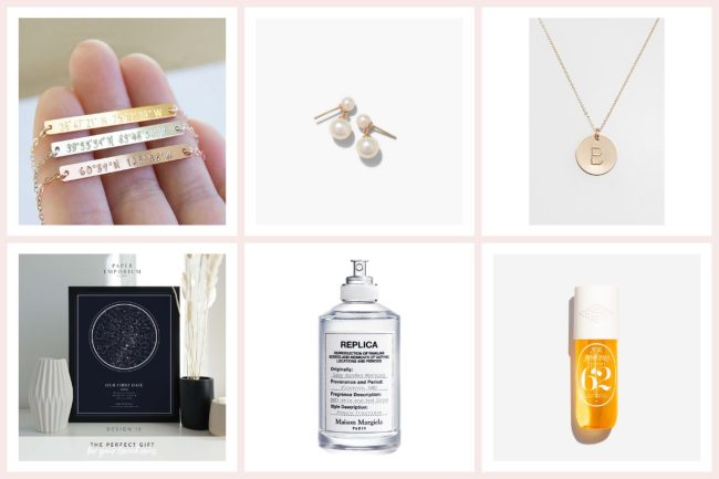 Collage of gifts for a fiancée, including pearl drop earrings, an initial necklace and a star map print