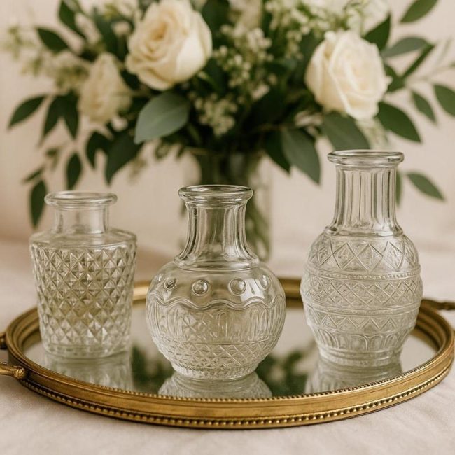 Three GlamorousGatherings1 cut glass bud vases on a gold mirrored tray