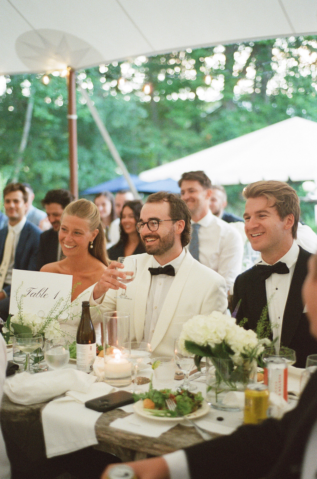 Guests at dinner in the reception tent