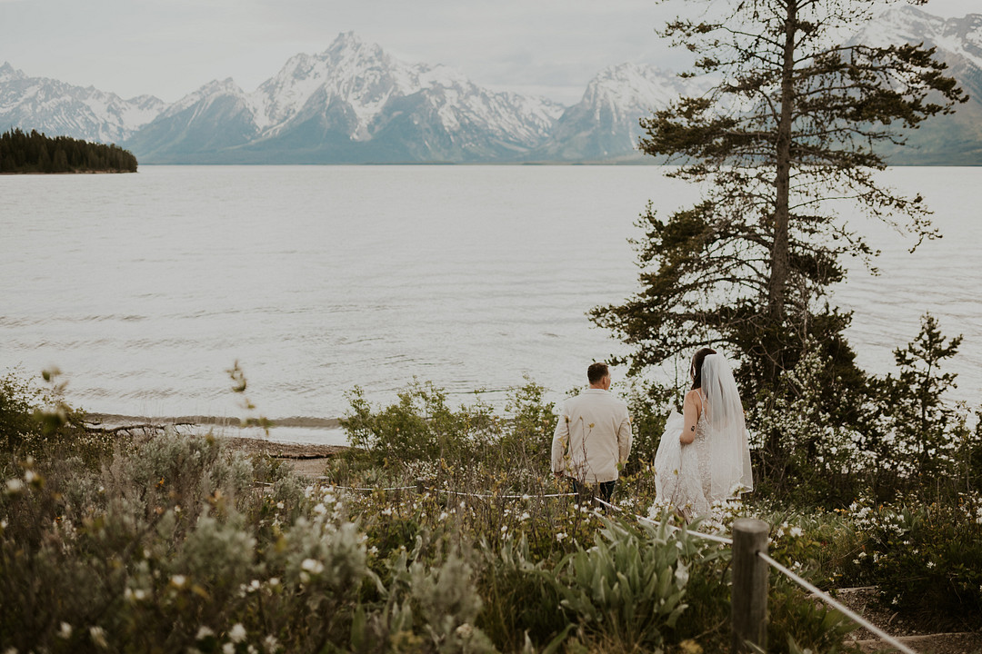 Wide view of Jackson Lake and the Teton Range at Colter Bay