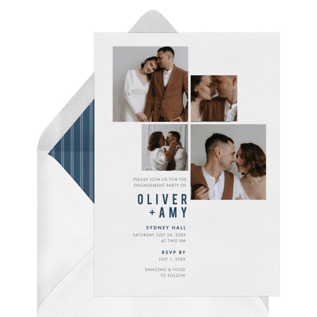 Greenvelope All the Photos invitation with four couple photos above the names, with a striped envelope liner