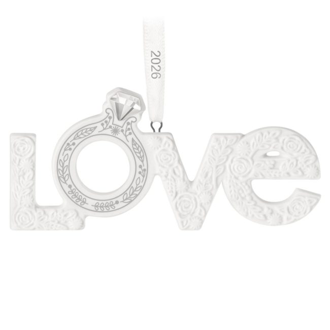 Hallmark white porcelain ornament spelling LOVE, with the O shaped like an engagement ring and a 2026 ribbon