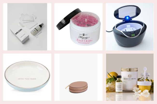 Ring cleaning and storage picks in a grid: a Mejuri care kit, Hagerty Jewel Clean, a Sharper Image ultrasonic cleaner, a kate spade ring dish, a Cuyana travel case and a Diamond Drunk cleaning set