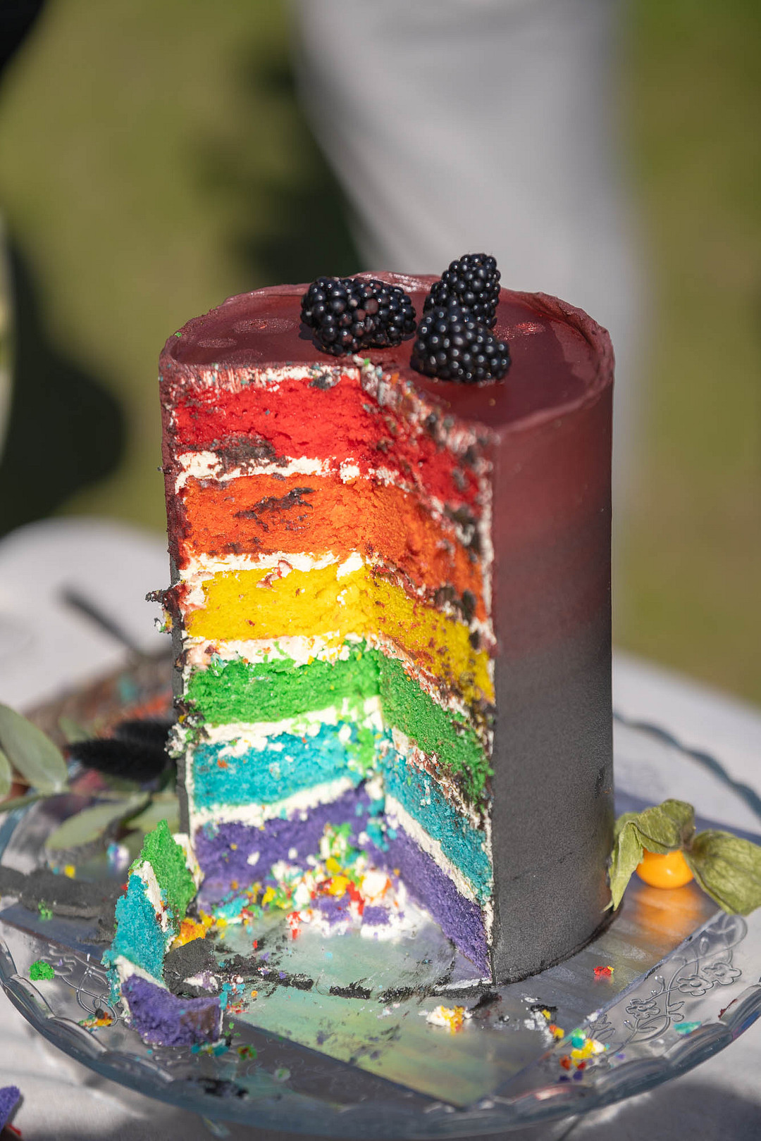 Rainbow layer cake with a chocolate exterior