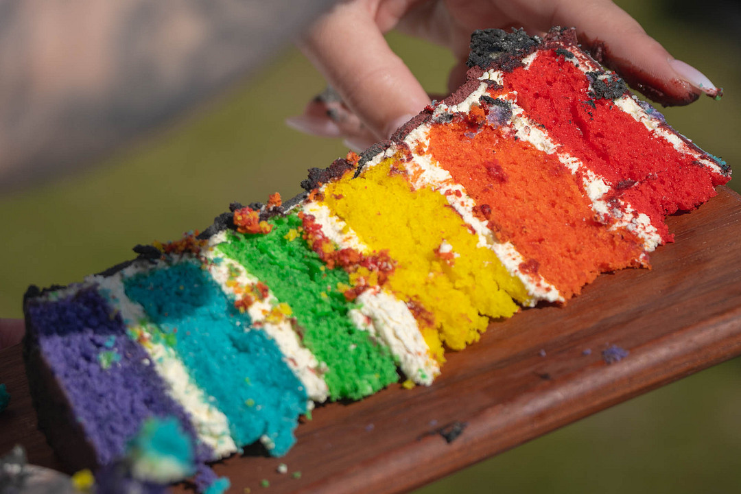 Slices of rainbow layer cake