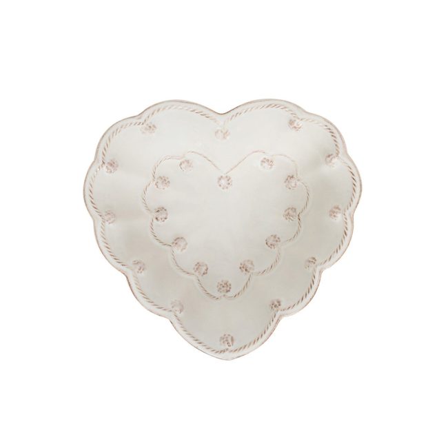 Juliska Berry & Thread heart-shaped bowl in whitewash with a scalloped rim and pink berry trim