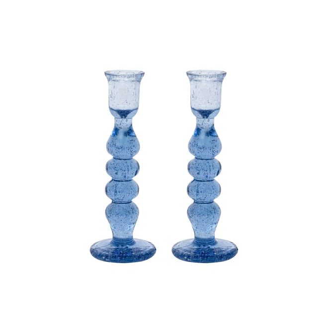 Pair of Juliska Provence glass candlesticks in chambray blue with bubble-shaped stems