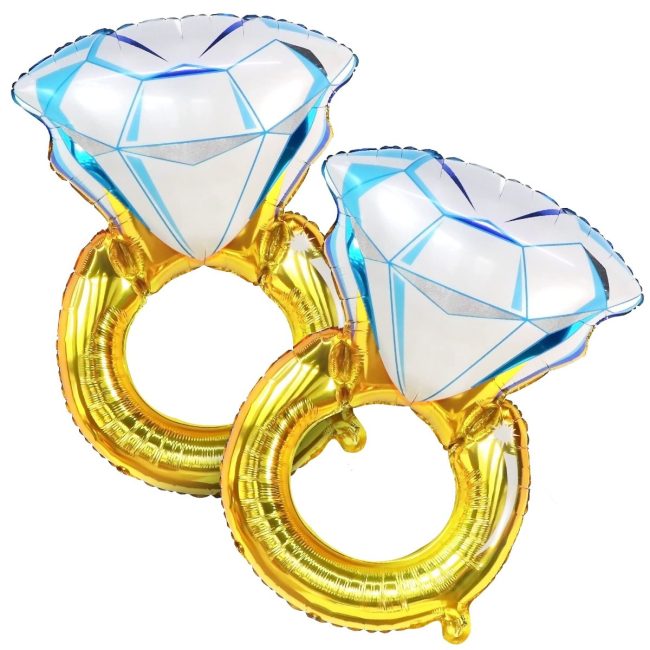 Two KatchOn foil balloons shaped like gold diamond engagement rings