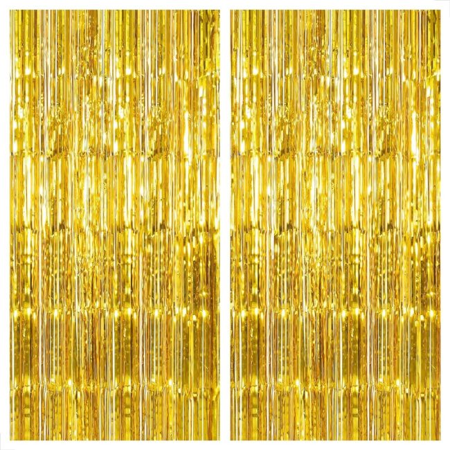 Two KatchOn gold metallic fringe curtain backdrop panels