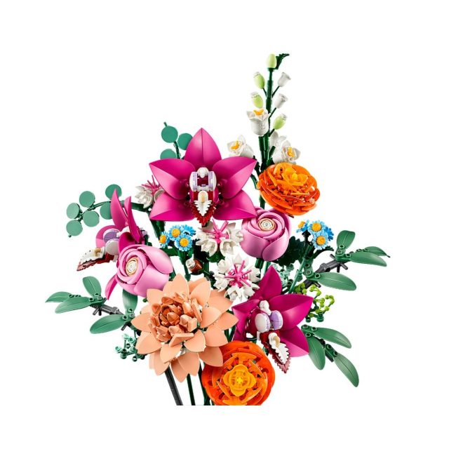 LEGO Botanicals Pretty Pink Flower Bouquet built from bricks, with pink, orange and white flowers on green stems