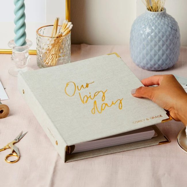 MarthaBrook sage linen wedding planner with Our Big Day in gold foil