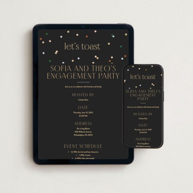 Minted Let's Toast online invitation on a tablet and phone, black with gold confetti dots