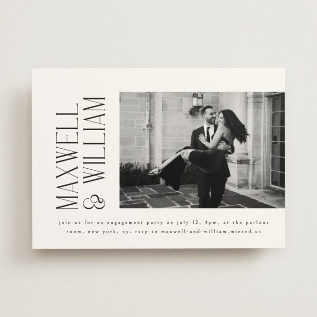 Minted Modern Editorial horizontal invitation with a black-and-white couple photo and names set vertically