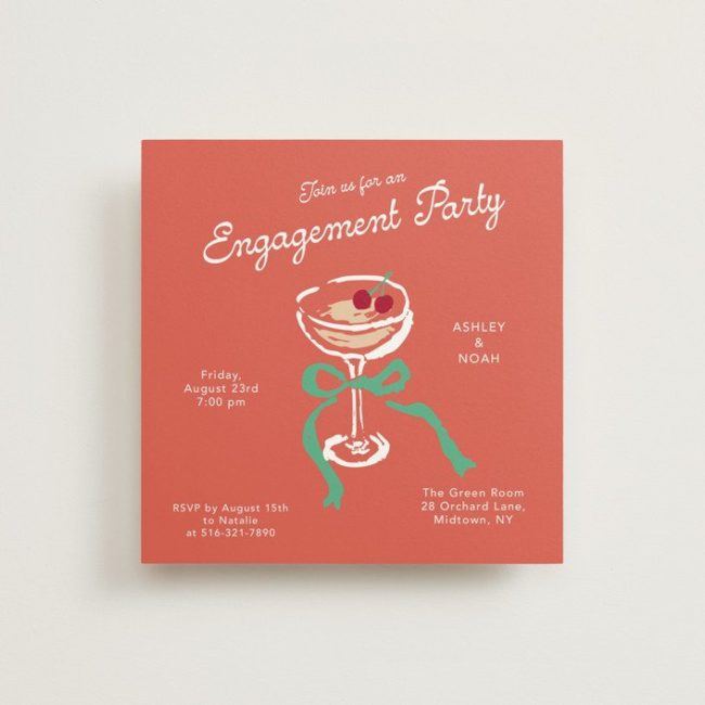 Minted Sip and Celebrate engagement party invitation in coral with an illustrated cocktail glass