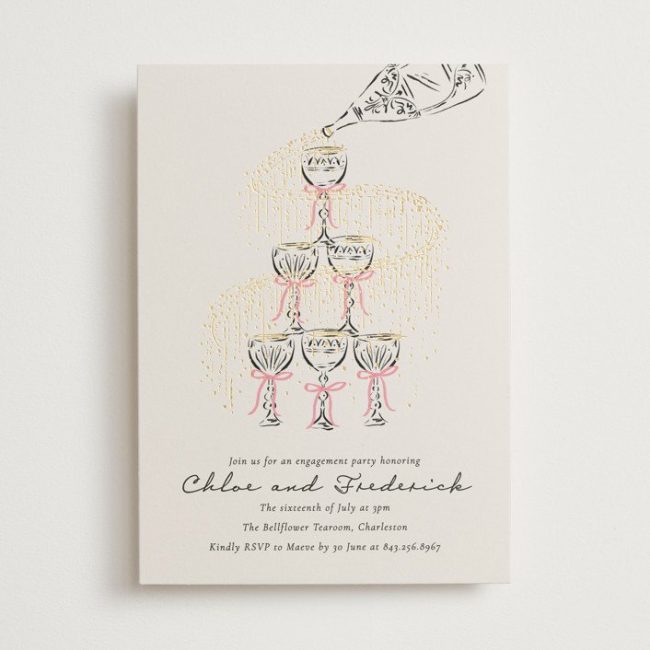 Minted Sparkling Champagne Tower invitation with a gold foil champagne tower on a light card
