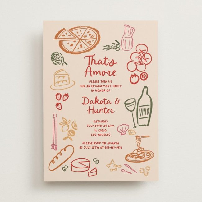 Minted That's Amore invitation with a border of hand-drawn Italian food in red