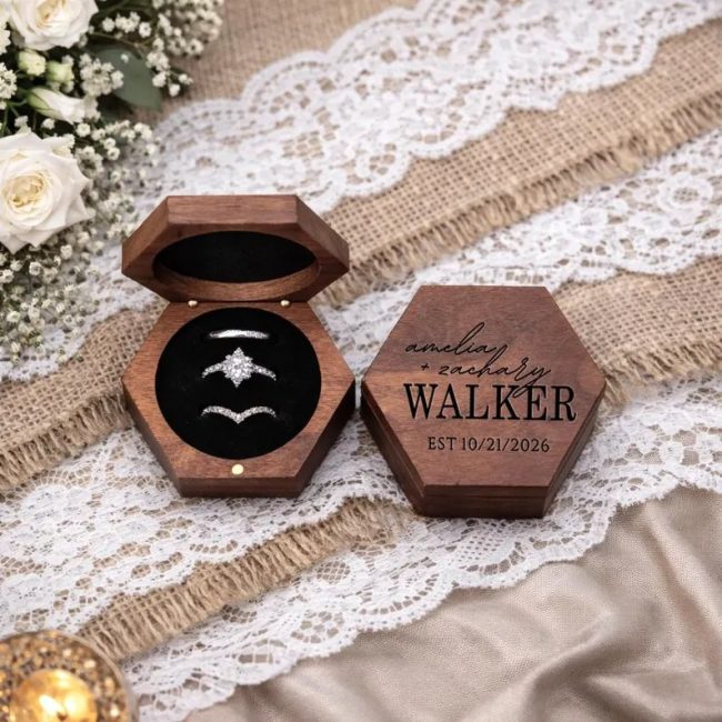 OHCgifts walnut hexagon ring box engraved Walker, beside an open one holding three rings, on lace