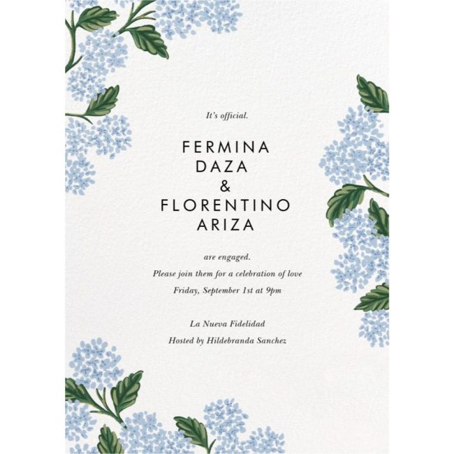 Paperless Post Rifle Paper Co. Hydrangea Frame invitation with blue hydrangeas framing the text