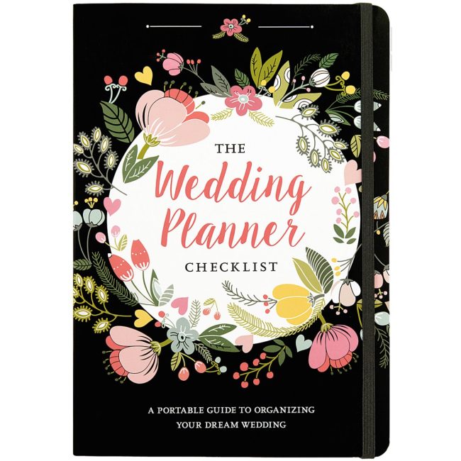 Peter Pauper Press The Wedding Planner Checklist, a black book with a floral wreath on the cover