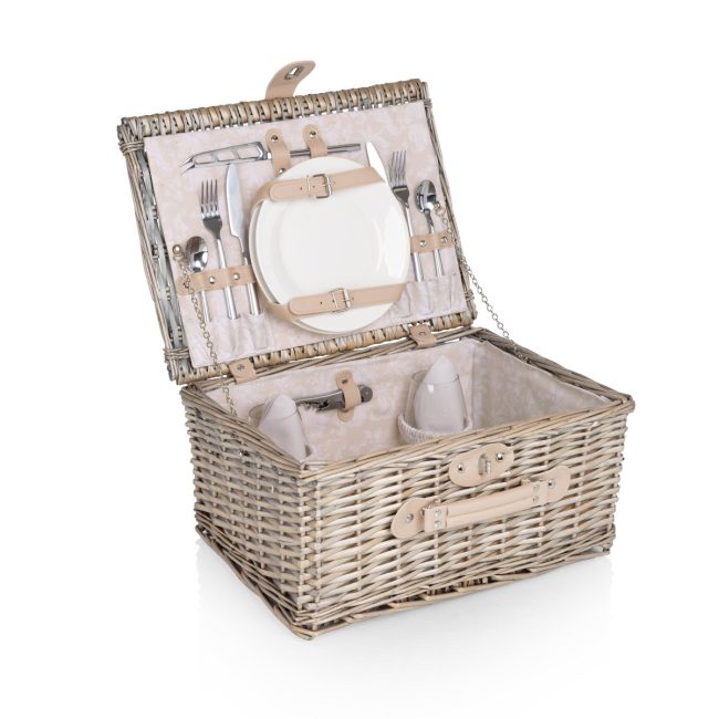 Picnic Time Classic Picnic Basket for 2, a willow basket with the lid open and place settings strapped inside
