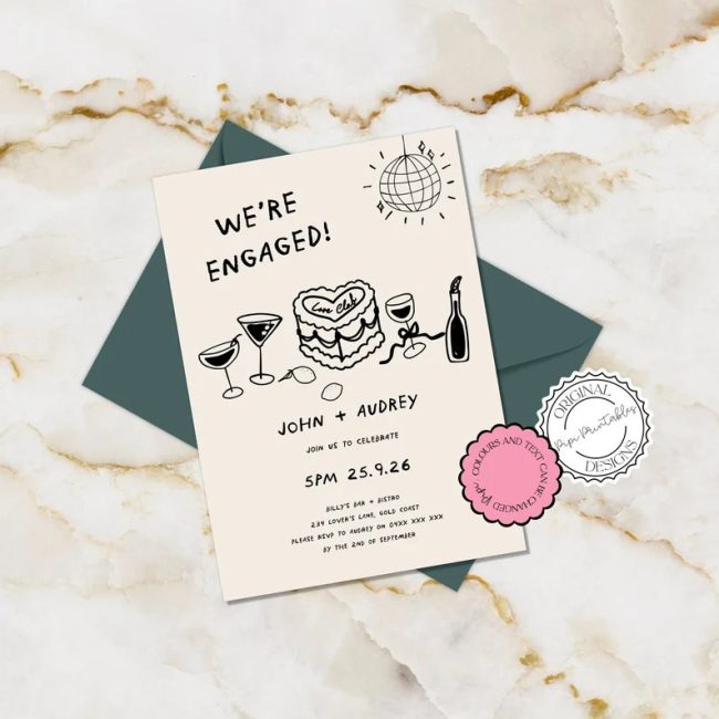 PipiPrintables hand-drawn We're Engaged invitation with a disco ball, cake and cocktails