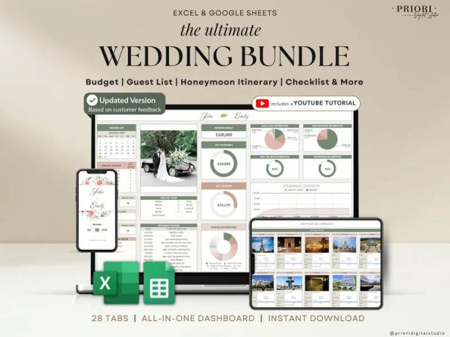 PrioriDigitalStudio wedding planner spreadsheet shown on a laptop, tablet and phone