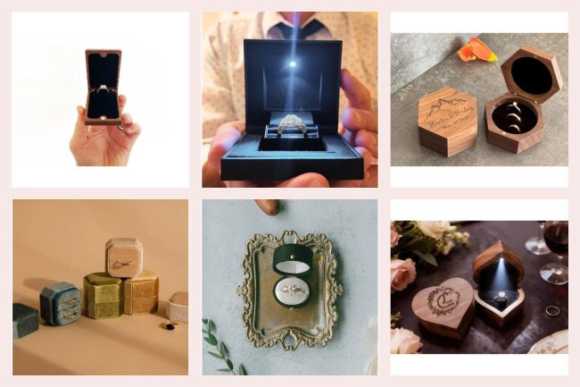 Six proposal ring boxes in a grid: a slim walnut flip-up box, a lit black velvet box, engraved hexagon walnut boxes, stacked velvet boxes, a green linen oval box and a walnut heart box