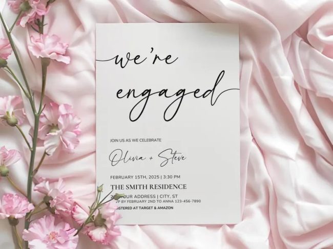 RoseBloomPaperieShop minimalist we're engaged invitation in black script on white, with pink blossoms