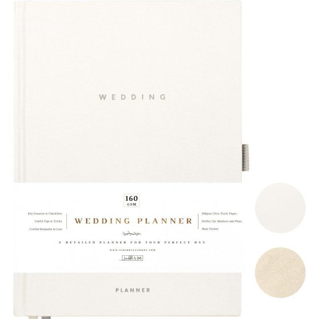 Scribble & Dot wedding planner book with a cream cover stamped Wedding and a 160gsm paper band