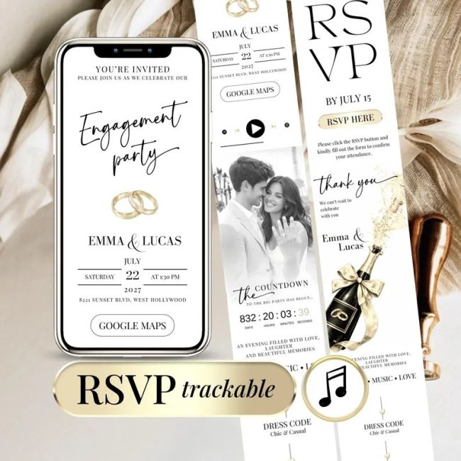 Templates4branding engagement party invitation website shown on a phone with RSVP and photo pages