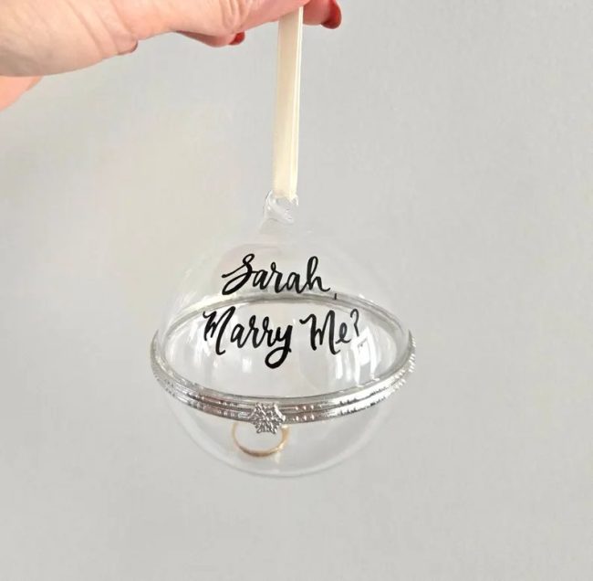 TheLetteringStudio clear glass ball ornament hand-lettered Sarah, Marry Me? in black