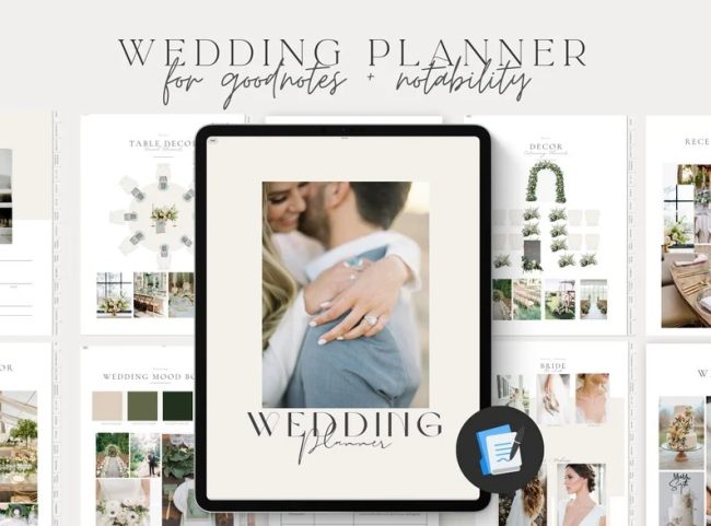 tinacreativeco GoodNotes digital wedding planner shown on an iPad with sample pages