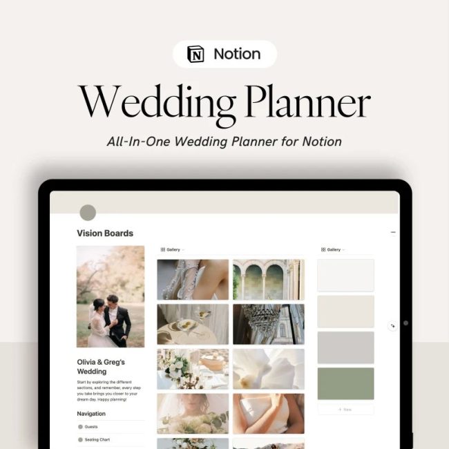 TTBCo Notion wedding planner template shown on a tablet